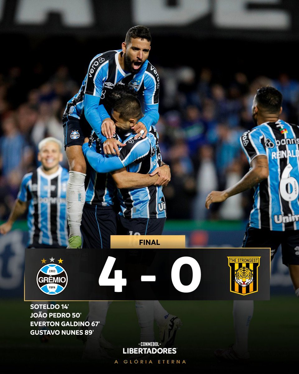 Maior tragédia da história do Rio Grande do Sul: 
🇪🇪 Perdeu seu estádio. 
🇪🇪Jogadores foram para a linha de frente para salvar vidas. 
🇪🇪Jogo que era obrigado a vencer na Libertadores. 
🇪🇪Um mês sem jogar.

Grêmio 4 x 0 Club The Strongest.

ISSO É GRÊMIO, LHES MOSTRO O QUE É SER