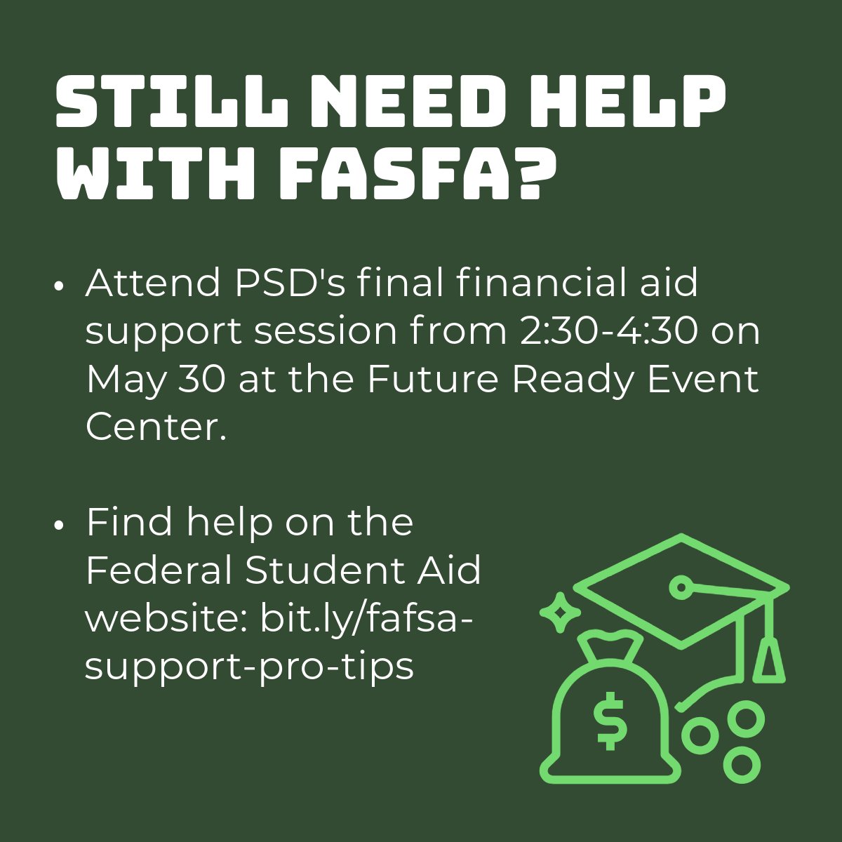 Still have questions about FASFA? Support is available. 💰🎓

1️⃣  Attend PSD's final financial aid support session from 2:30-4:30 on May 30 at the <a href="/psdfutureready/">PSD Future Ready</a> Center, 215 E Foothills Pkwy #510, Fort Collins.

2️⃣ Visit <a href="/FAFSA/">Federal Student Aid</a>'s website for more help. ➡ bit.ly/fafsa-support-…