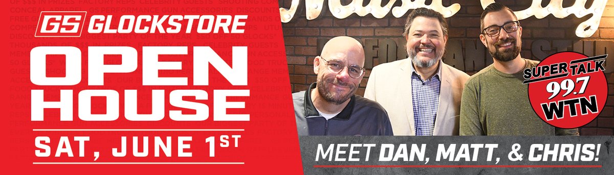 This Saturday, join @DanMandisShow, @mattmurphyshow, and @ChrisHandOnAir at the @glockstore for their 4th annual Open House! Don't miss your chance on the opportunity to win a free Glock, and more! 🔫 See you there! 👋