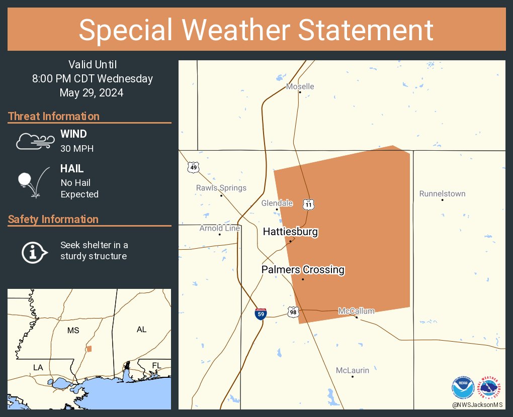 A special weather statement has been issued for Hattiesburg MS, Petal MS and Palmers Crossing MS until 8:00 PM CDT