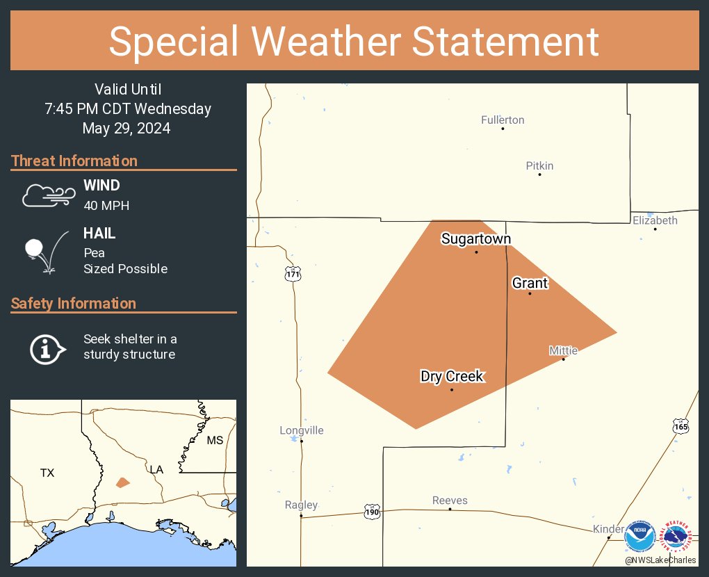 A special weather statement has been issued for Sugartown LA, Grant LA and  Dry Creek LA until 7:45 PM CDT