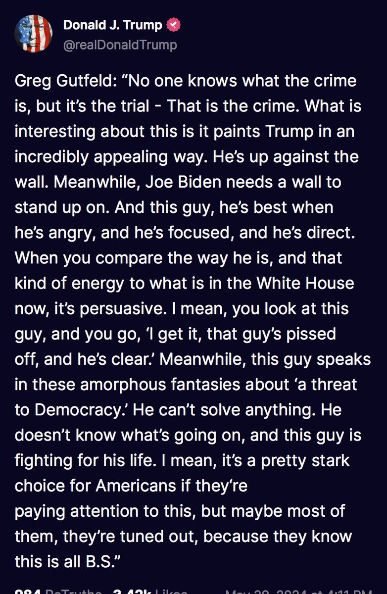 Greg Gutfeld: “No one knows what the crime is, but it’s the trial - That is the crime. What is interesting about this is it paints Trump in an incredibly appealing way. He’s up against the wall. Meanwhile, Joe Biden needs a wall to stand up on. And this guy, he’s best when he’s