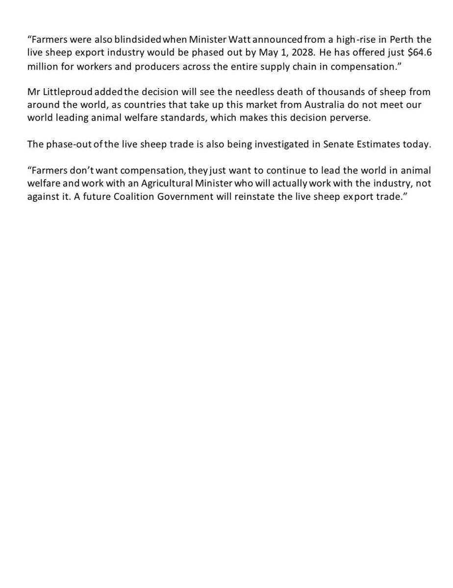 D_LittleproudMP's tweet photo. The Nationals have moved an urgent motion to try and stop the phase out of the live sheep export trade &amp; investigate the consequences of Labor’s reckless decision. https://t.co/cyaiuVMAxQ