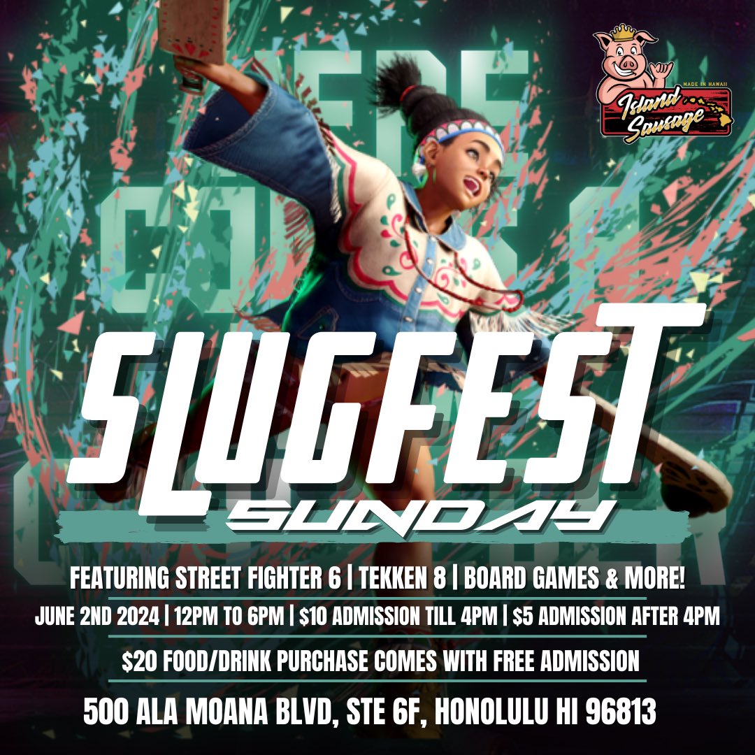 Come check out our Slugfest Sunday sessions over at Island Sausage! These casual events are for those that want to get some practice in for some upcoming tournaments (Tekken World Tour, and EVO 2024). It’s also a great place to get to know your local Fighting Game Community.