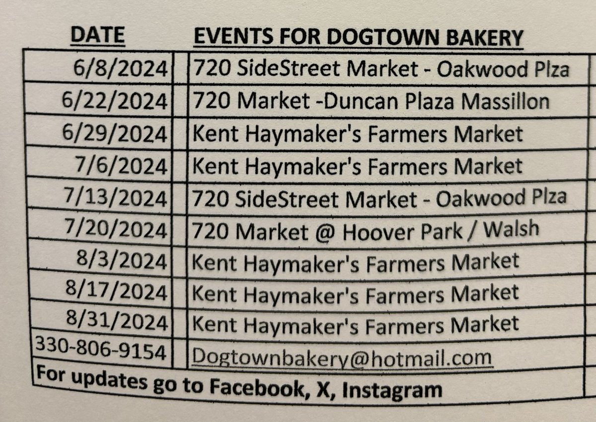 Dogtown Bakery’s future events. Hope to see you there! 🐾