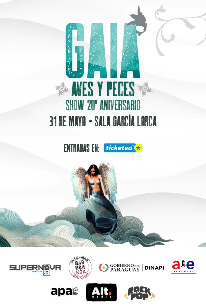 ¡Celebrá con <a href="/Gaiapy/">Gaia</a> los 20 años del lanzamiento del disco Aves y Peces! ✨🙌

📅 Viernes 31 de mayo
 
📍 Sala García Lorca de <a href="/riveramanzana/">Manzana de la Rivera</a>
 
🎟️ Entradas en venta en <a href="/TicketeaPy/">Ticketea Paraguay</a> 

#gaia #avesypeces #20años
