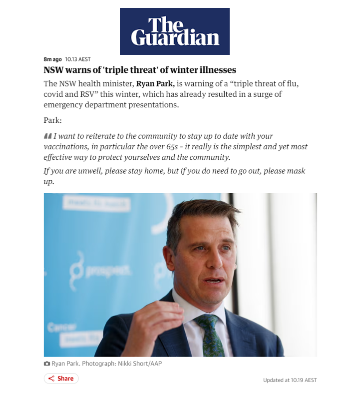 NSW: 'The NSW health minister, Ryan Park, is warning of a “triple threat of flu, covid and RSV” this winter' 'If you are unwell, please stay home, but if you do need to go out, please mask up.' @NSWHealth @RyanPark_Keira #MaskUp😷 Source: theguardian.com/australia-news…