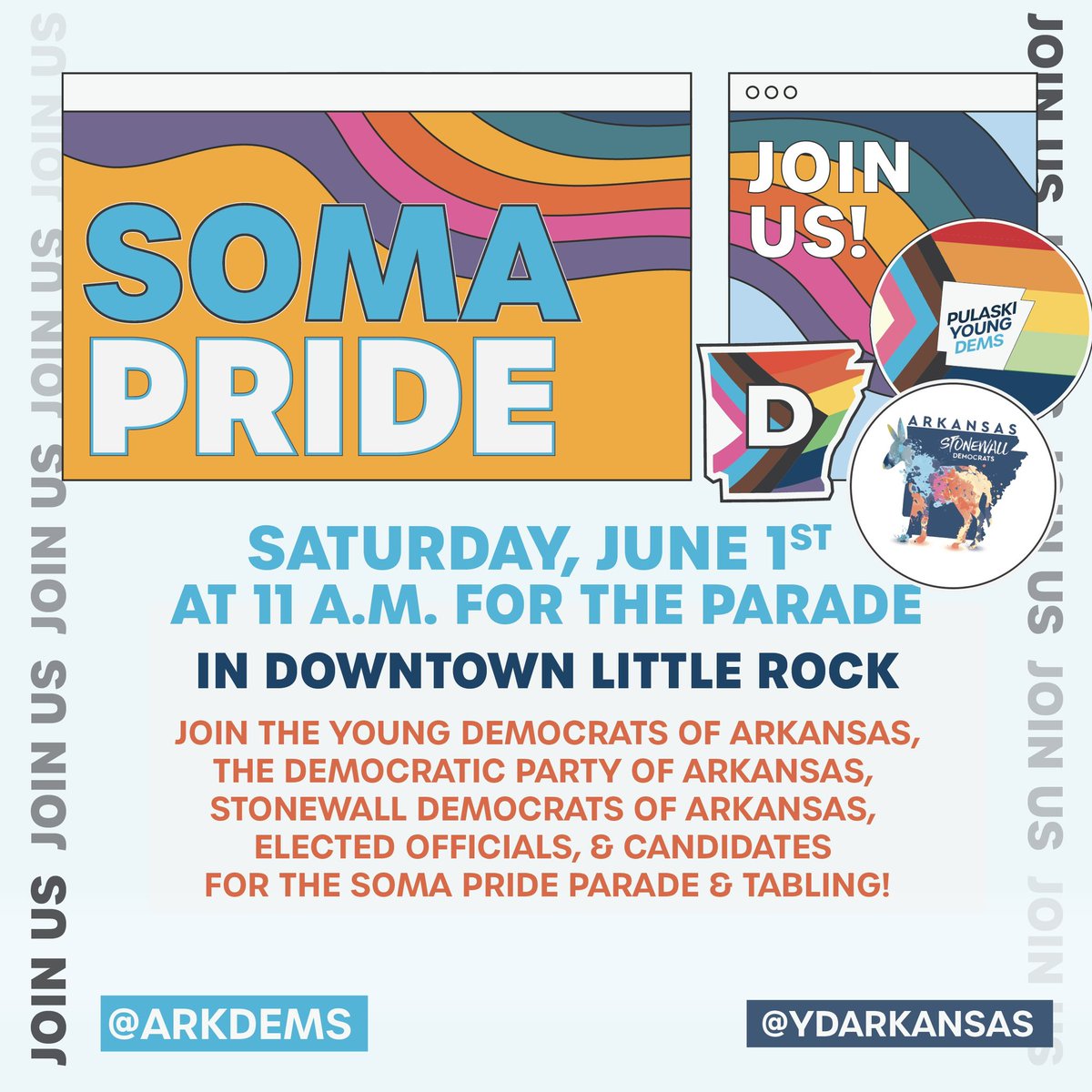 Democratic Party of Arkansas (@arkdems) on Twitter photo Only a few days left until Pride Month & we’re kicking off the 2024 celebration in downtown Little Rock!
We *cannot wait* for SOMA Pride with <a href="/YDArkansas/">young democrats of arkansas</a> & our Stonewall Democratic caucus!
You’re invited to join— you won’t wanna miss it!
RSVP ✨🏳️🌈 ydarkansas.org/PRIDE Only a few days left until Pride Month & we’re kicking off the 2024 celebration in downtown Little Rock!
We *cannot wait* for SOMA Pride with <a href="/YDArkansas/">young democrats of arkansas</a> & our Stonewall Democratic caucus!
You’re invited to join— you won’t wanna miss it!
RSVP ✨🏳️🌈 ydarkansas.org/PRIDE