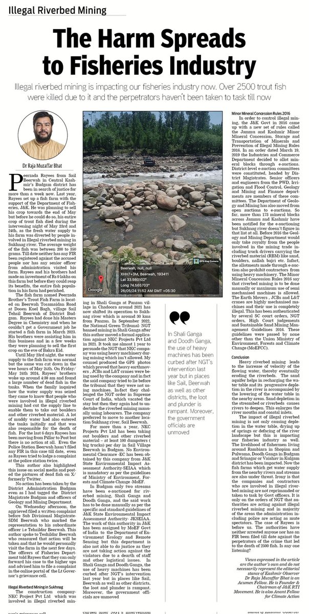 Illegal Riverbed Mining is impacting our Fisheries Industry. An Entrepreneur in Sail Beerwah lost his entire Crop of Trout but no action has been taken against the people involved in this Crime. Fishermen also losing their livelihood
kashmirobserver.net/2024/05/29/ill…
@diprjk @BudgamPolice