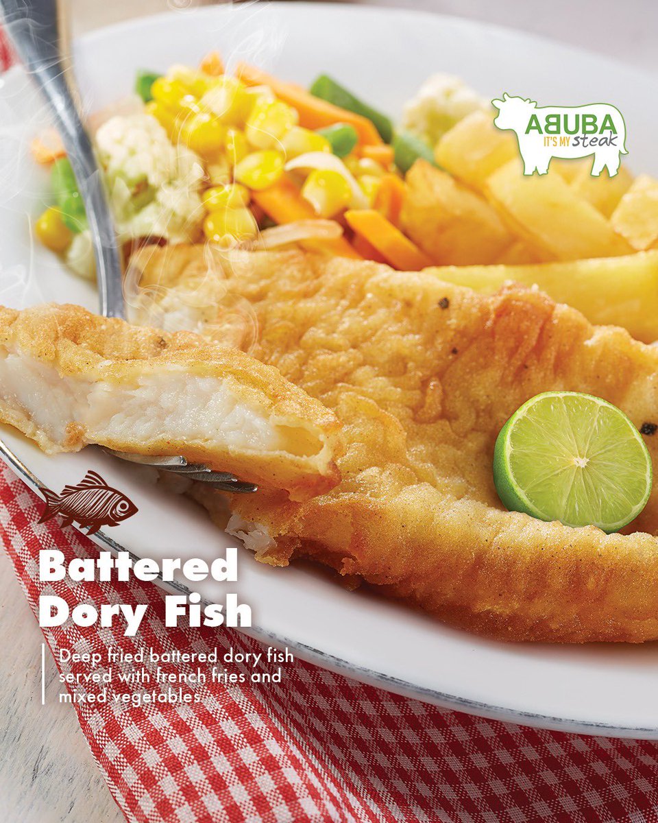 Salah satu rekomendasi untuk menu makan siang hari ini, Battered Dory Fish wajib dipesan nih! Dory yang lembut disajikan bersama Mix Vegie dan pilihan kentang (Wedges/ Mashed Potato) bikin makan siang kalian jadi meriah 🥳

#abubasteak #abuba #itsmysteak #dory