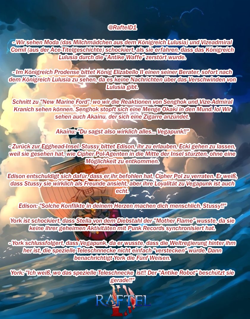 RaftelD1's tweet photo. Zusammenfassung Kapitel 1116
#onepiece #ONEPIECE #onepiecenews #onepiecenewsgermany #opspoilers #onepiecechapter #onepiece1116 #ONEPIECE1116 https://t.co/FqTcGZEzjM