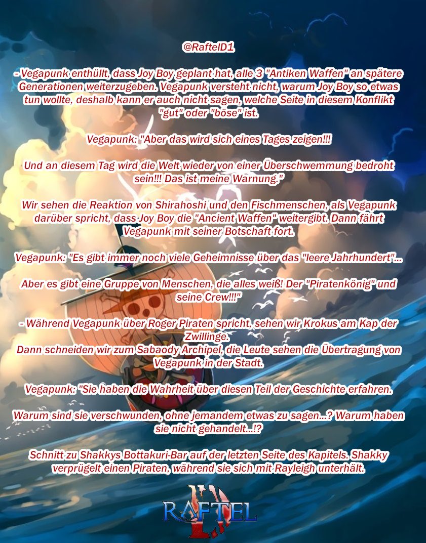 RaftelD1's tweet photo. Zusammenfassung Kapitel 1116
#onepiece #ONEPIECE #onepiecenews #onepiecenewsgermany #opspoilers #onepiecechapter #onepiece1116 #ONEPIECE1116 https://t.co/FqTcGZEzjM