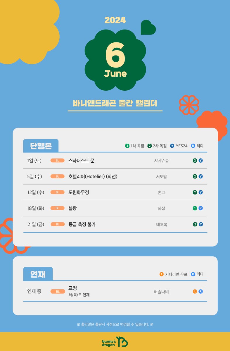 [🗓️] 바니앤드래곤 2024년 6월 #캘린더

📌단행본
📖리디 선출간
18일 [BL] 와삽 〈설광〉

📖예스24 2차 출간
1일 [BL] 샤샤슈슈 〈스타더스트 문〉
5일 [BL] 서도밤 〈호텔리어 (외전)〉
12일 [BL] 혼고 〈도원화무경〉
21일 [BL] 배초록 〈등급 측정 불가〉