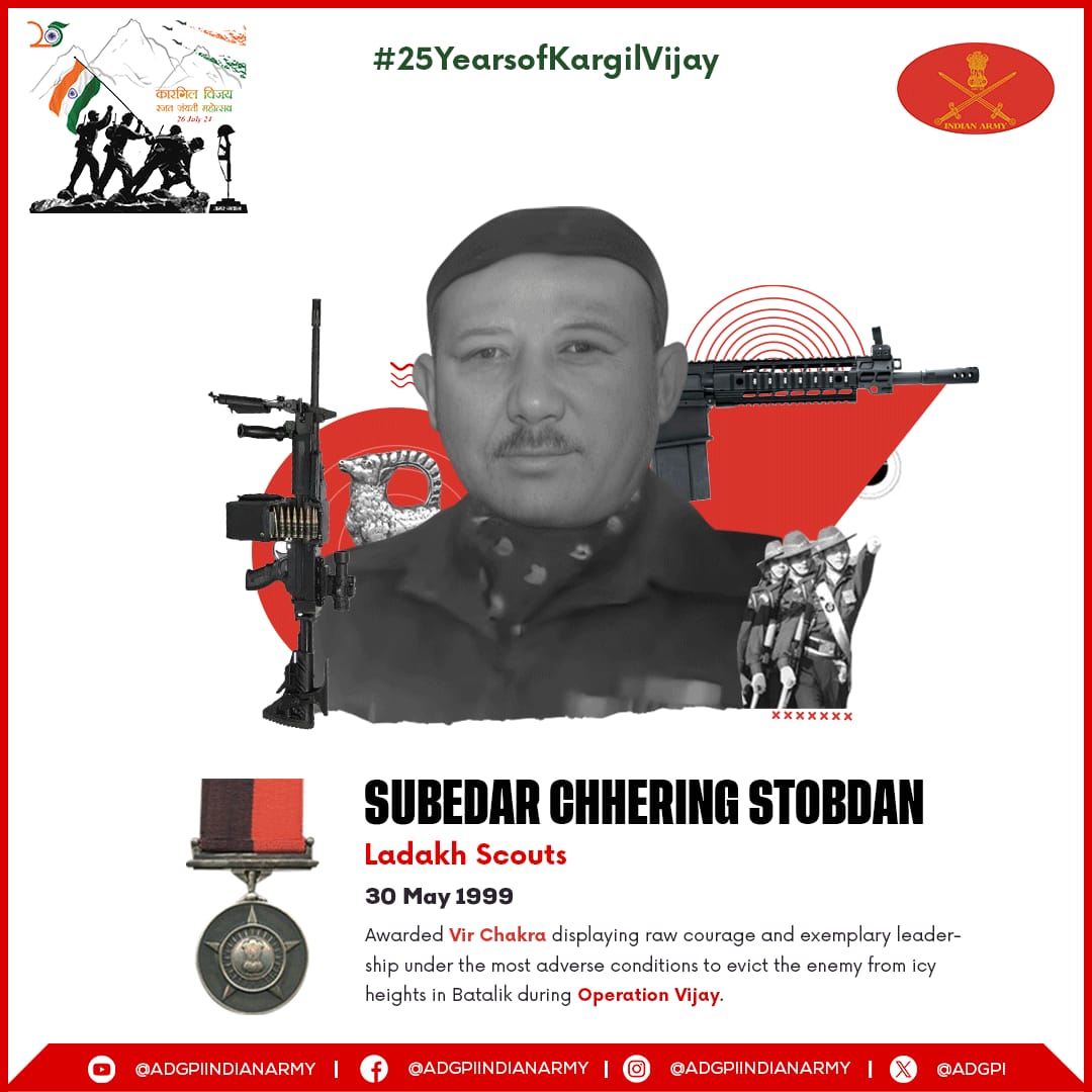 #25YearsofKargilVijay #KVDRajatJayanti Subedar Chhering Stobdan Ladakh Scouts 30 May 1999 Subedar Chhering Stobdan displayed raw courage and exemplary leadership under the most adverse conditions to evict the enemy from icy heights in #Batalik during #OperationVijay. Awarded