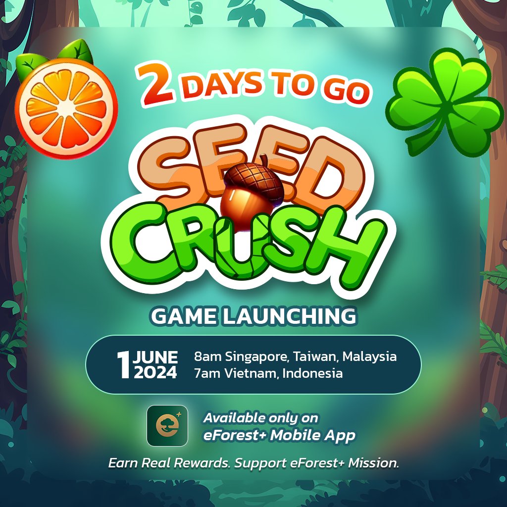 eforest2_world's tweet image. Just 2 days to go! Get ready to dive into the world of Seed Crush and make a difference. 
#SeedCrush #comingsoon #eForest #ecogame #onebilliontrees #stopdeforestation #savetheearth 
#naturelovers #plantmoretrees #planttrees #plantslover #tree #animallover #journey #impact