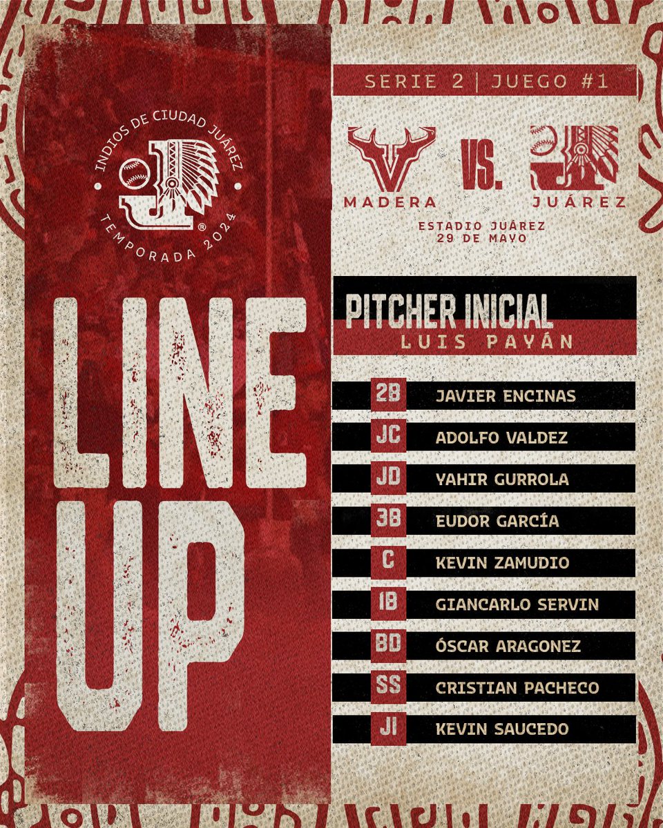 ¡ASÍ JUEGA JUÁREZ ESTA NOCHE! 🤩🏹

Primero de la serie ante Venados de Madera. 🔥⚾️

#Indios2024
