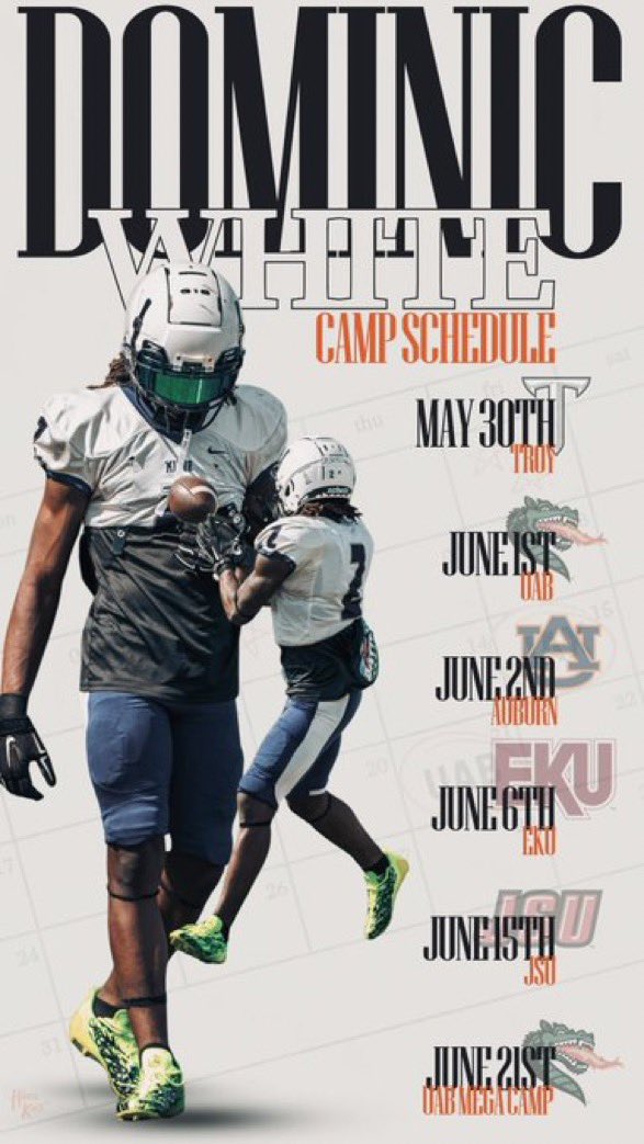 BHoward_11's tweet photo. Minor (Ala.) ATH Dominic White (@theonly_Dominic) has several visits lined up.
May 30th - #Troy
June 1st - #UAB
June 2nd - #Auburn
June 6th - #EKU
June 15th - #JKST
White has an opportunity to be one of the premier players in the state of #Alabama for the 2026 https://t.co/OHyURspYhK