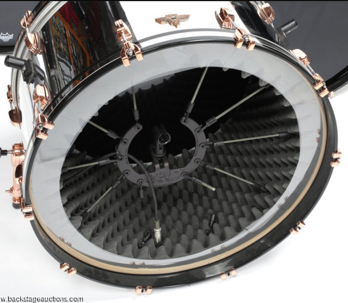 If you ever wondered what the purpose of the “front” bass drums on Alex Van Halen’s drum kits from the 2012 and 2015 tours was, besides visuals, its actual purpose was to house the microphones that capture the resonant head of his main kick drum. This is essential to the AVH