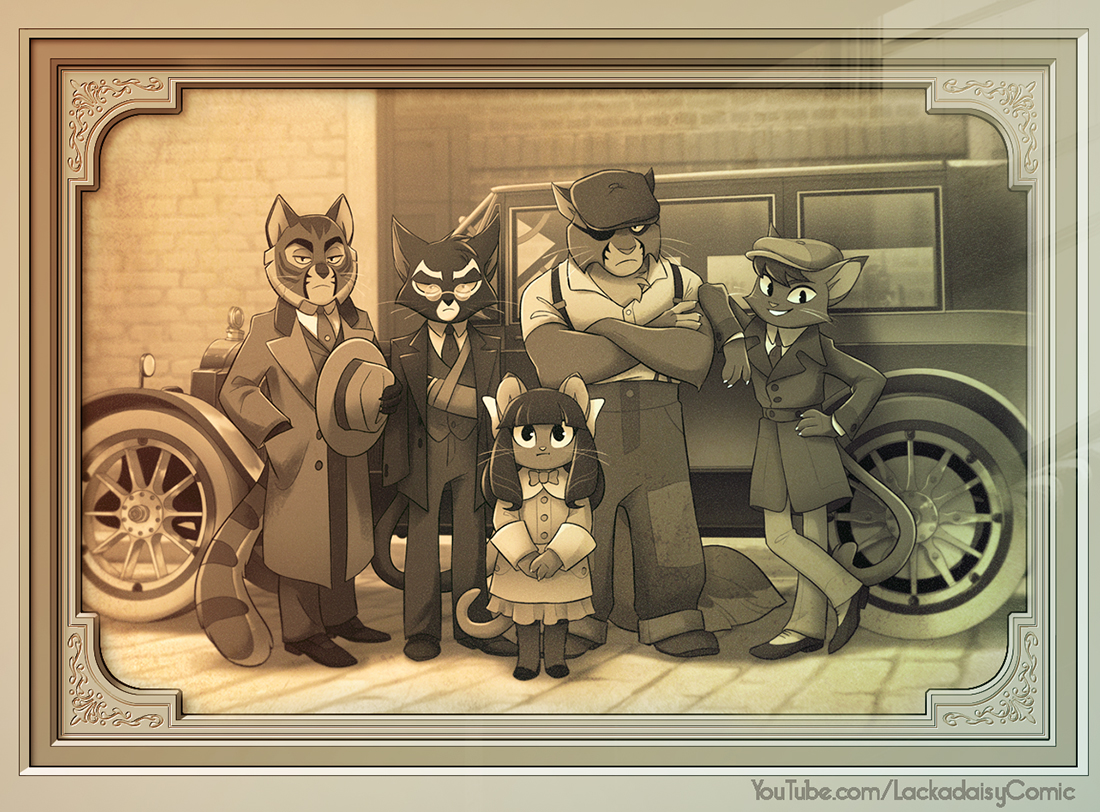 The photo from Lackadaisy Ingenue - "My Four Crime Dads"

Initial drawing by me, polished art by <a href="/beffalumps/">Jules ✨</a>, background by Jill Dykxhoorn, art direction by <a href="/ratsjo/">Jo Schramer</a>.