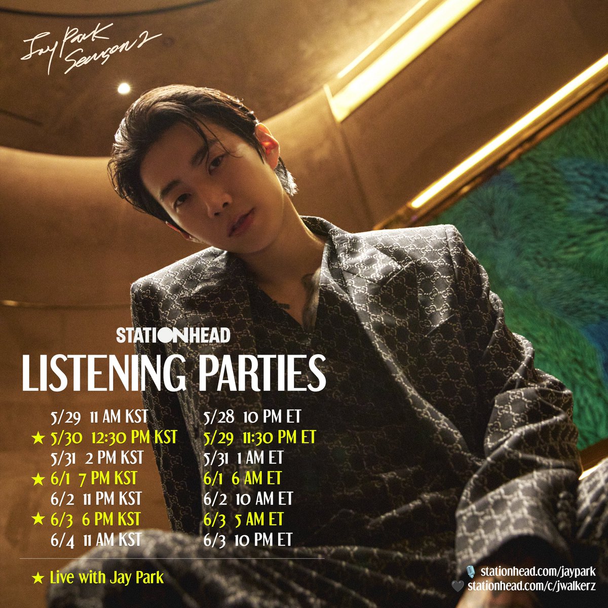 JWalkerz! #JayPark_Season2 Stationhead Listening Party #2 with @jaybumaom starts at 12:30 PM KST! Make sure to tune in ✨ 🎙️ share.stationhead.com/nXPoez3zS90 🔴 LIVE WITH Jay Park 🗓️ 5/30 12:30PM KST 🗓️ 6/1 7PM KST 🗓️ 6/3 6PM KST * @stationhead log-in & Connect to Spotify or Apple