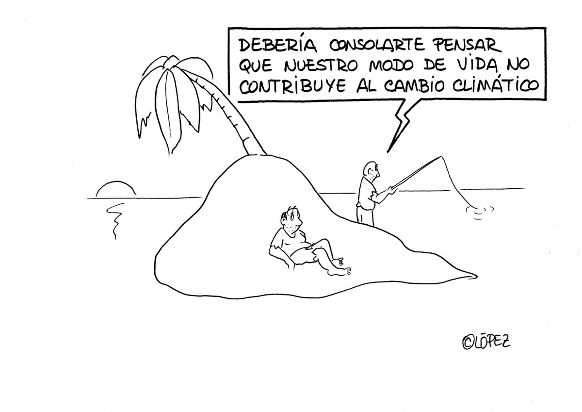 Modos de vida cero emisiones. Viñeta ambiental por Juan López Rico (#López) en la bitacora #VivaLaBagatela en @efeverde i.mtr.cool/pxkloqftzo #CrisisClimatica @efeverdecop