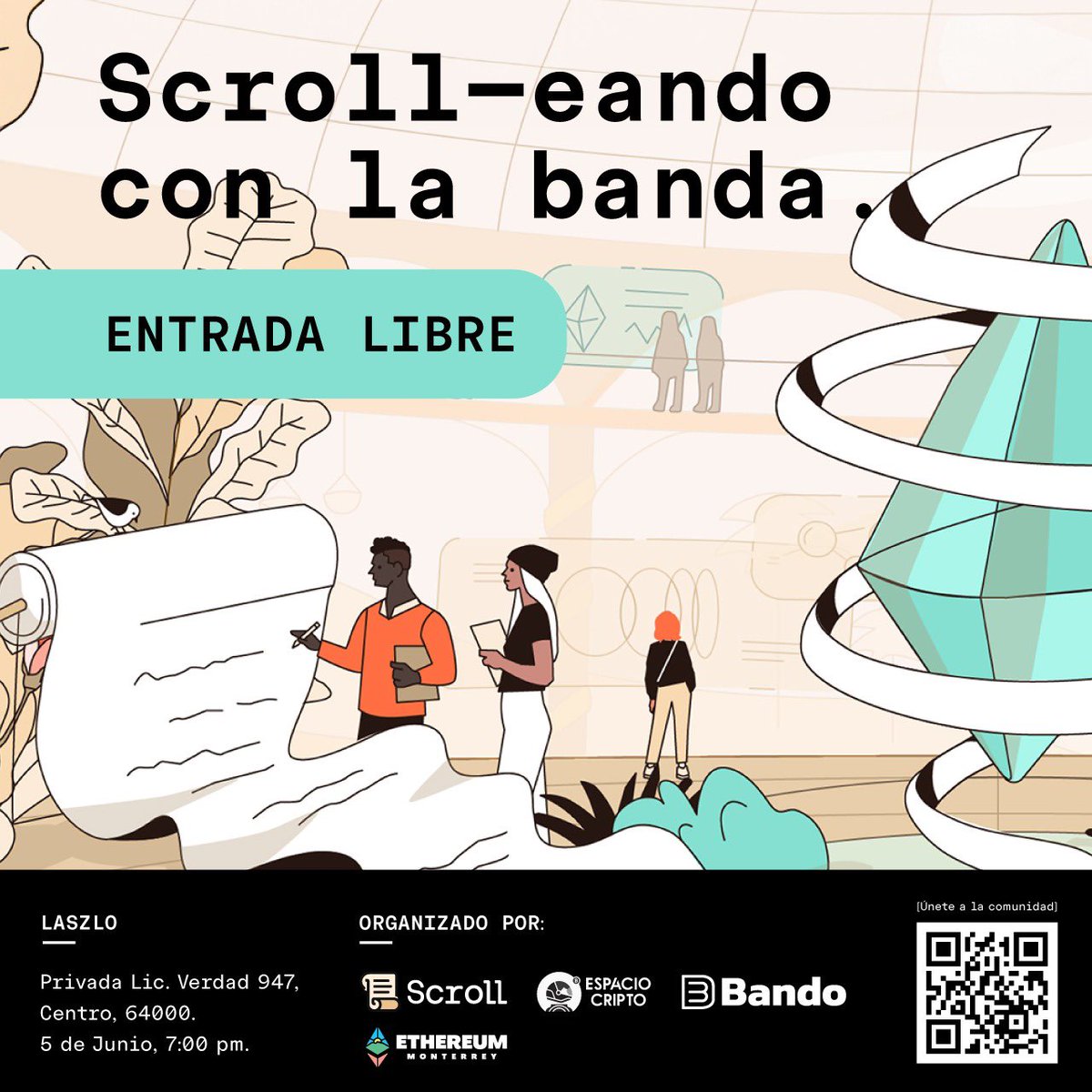 Scroll-eando con la banda📜🫡 Acompáñanos a aprender sobre la teconlogía de zero-knowledge con la bandita de @Scroll_ZKP 📌La cita es el siguiente miércoles 5 de junio📅 Tendremos networking, bebidas y muchísima merch🔥 Gracias a @BandoCool y @EspacioCripto por hacer esto