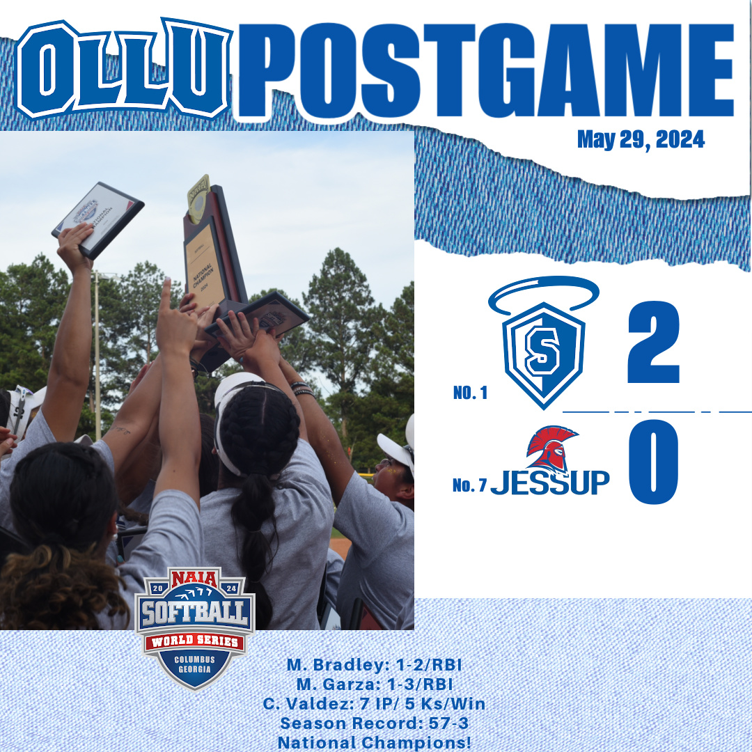 #OLLUPostGame: NATIONAL CHAMPIONS! #OLLUSoftball blanks Jessup University to complete historic run at #NAIASBSWorldSeries! Full article will be posted soon. #WingsUpSaints #BattleForTheRedBanner