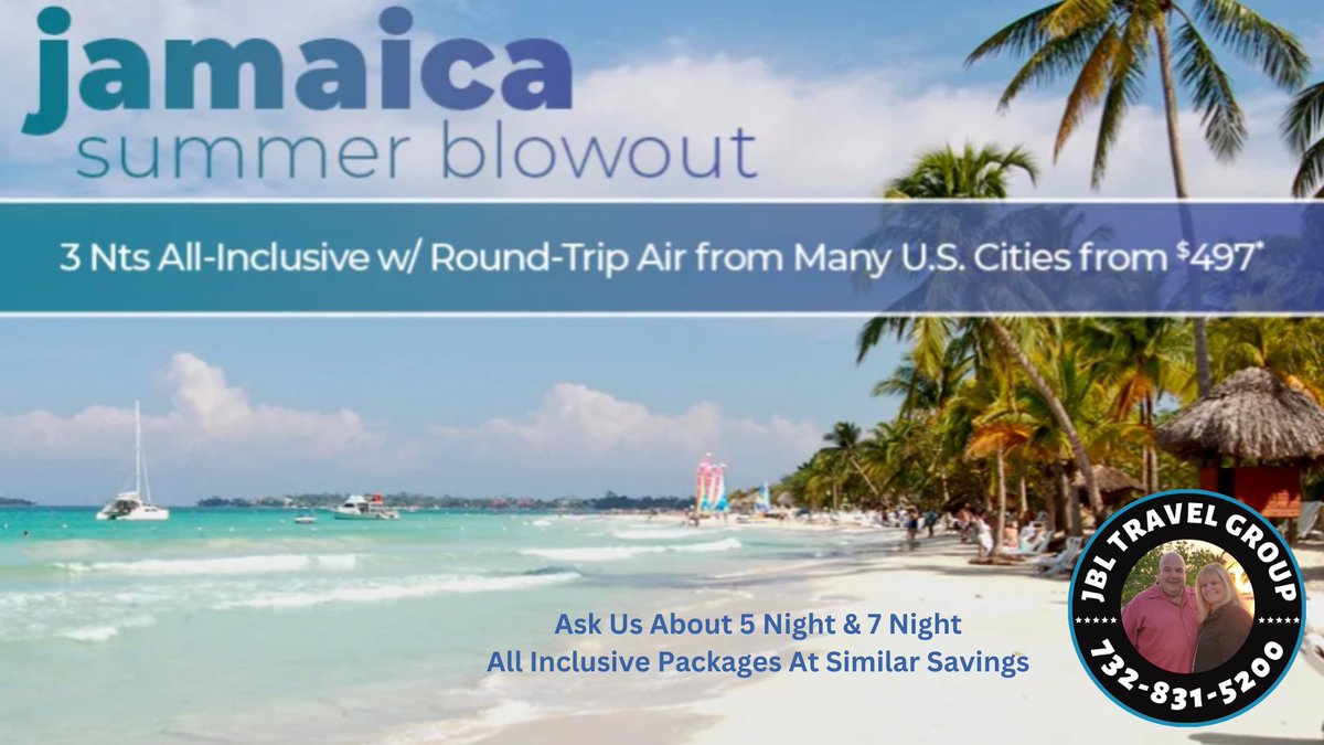 Looking for a great #allinclusiveresort ?
#Jamaica #summersale #allinclusive
Call the #jbltravelgroup today about prices and availability!
#familyvacations #groupgetaways #destinationweddings #honeymoons and #romanticgetaways