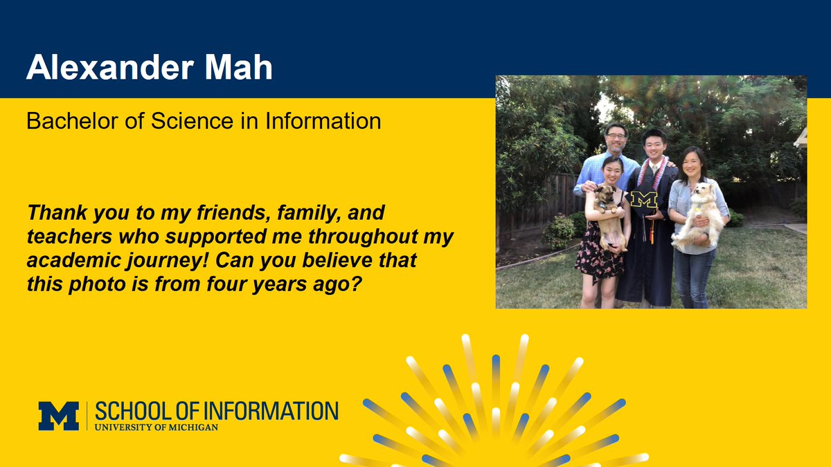 Meet the UMSI Class of 2024 🎓👏 Congratulations, Alexander Mah! 
Visit UMSI’s 2024 graduation archive to view graduate profiles and our commencement photo gallery: umsi.info/Graduation2024
#MGoGrad #GoBlue #Victors2024