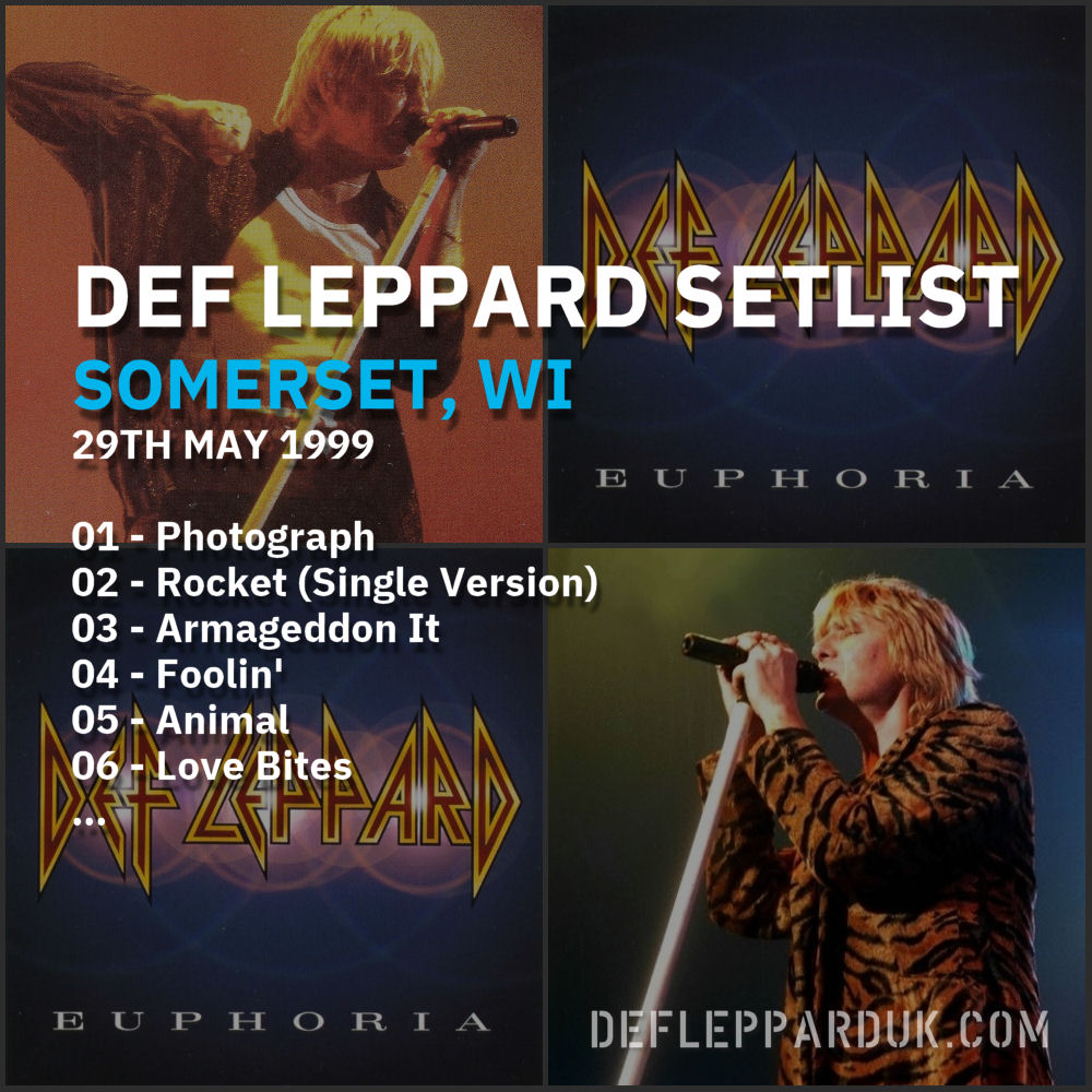 #DefLeppard #Setlist for a show in
#Somerset WI USA 🇺🇸 25 Years Ago on this day in 1999

01 - Photograph
02 - Rocket (Single Version)
03 - Armageddon It...

#Euphoria #EuphoriaTour #joeelliott #ricksavage #rickallen #philcollen #viviancampbell
deflepparduk.com/1999somerset.h…