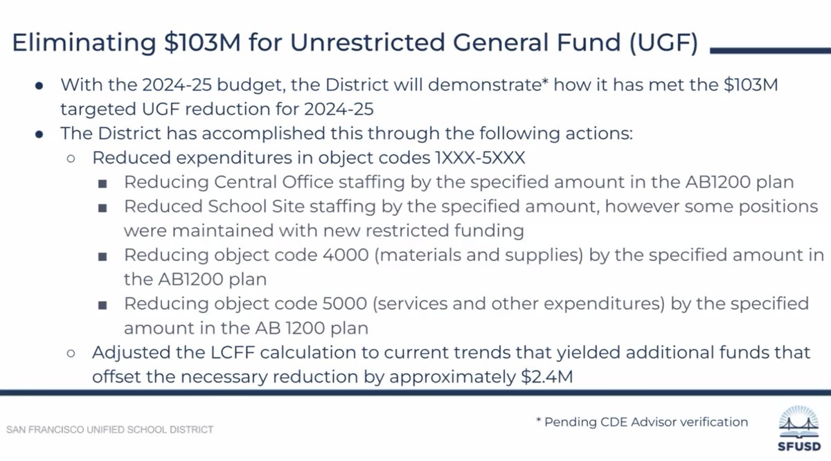 @SFUSD_Supe Part 2 of the budget balancing plan: Reducing the unrestricted general fund spending by $100M+, some with central office layoffs, some with school site layoffs, and more