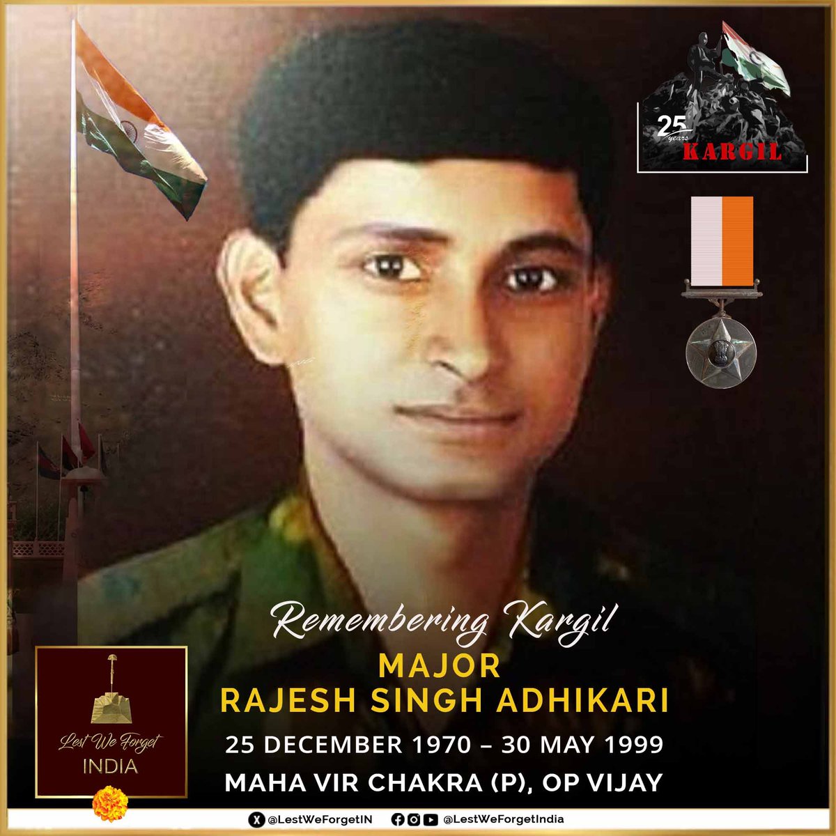 Commemorating 25 years of #Kargil #LestWeForgetIndia🇮🇳 Major Rajesh Singh Adhikari, Maha Vir Chakra (P), 2 MECH INFANTRY/18 GRENADIERS, led the attack to capture a feature at #Tololing. The #IndianBrave laid down his life after killing three enemy soldiers during #OpVijay