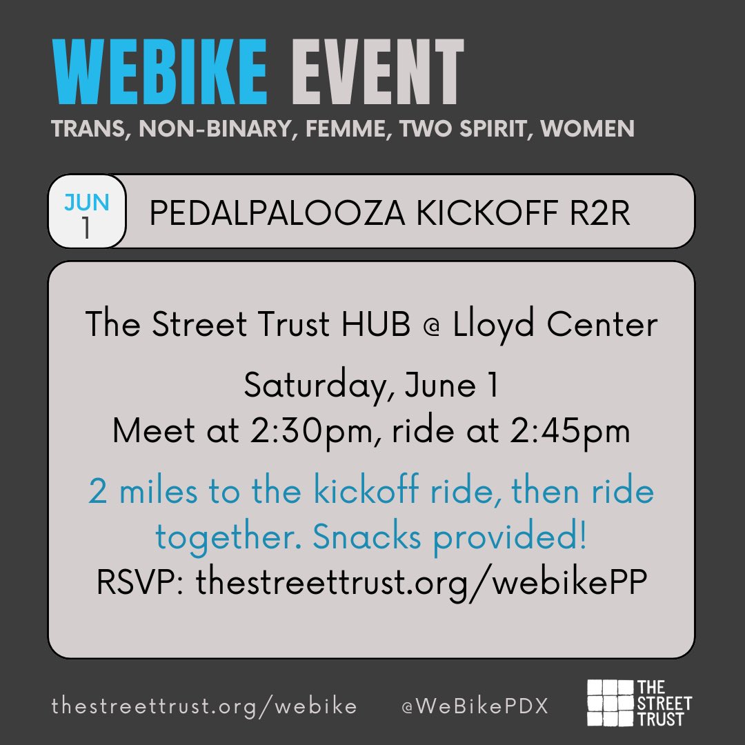 .<a href="/pedalpalooza/">Pedalpalooza</a> Kickoff R2R! Join a small group at <a href="/thestreettrust/">Follow us! @thestreettrust.org on Bluesky</a> HUB at Lloyd Center for a 2mi ride-to-the-ride. At North Park Blocks we’ll hang on picnic blankets and talk about summer biking plans (including WeBike’s upcoming rides and clinics!) RSVP: secure.everyaction.com/uk-VpSI650S92x…