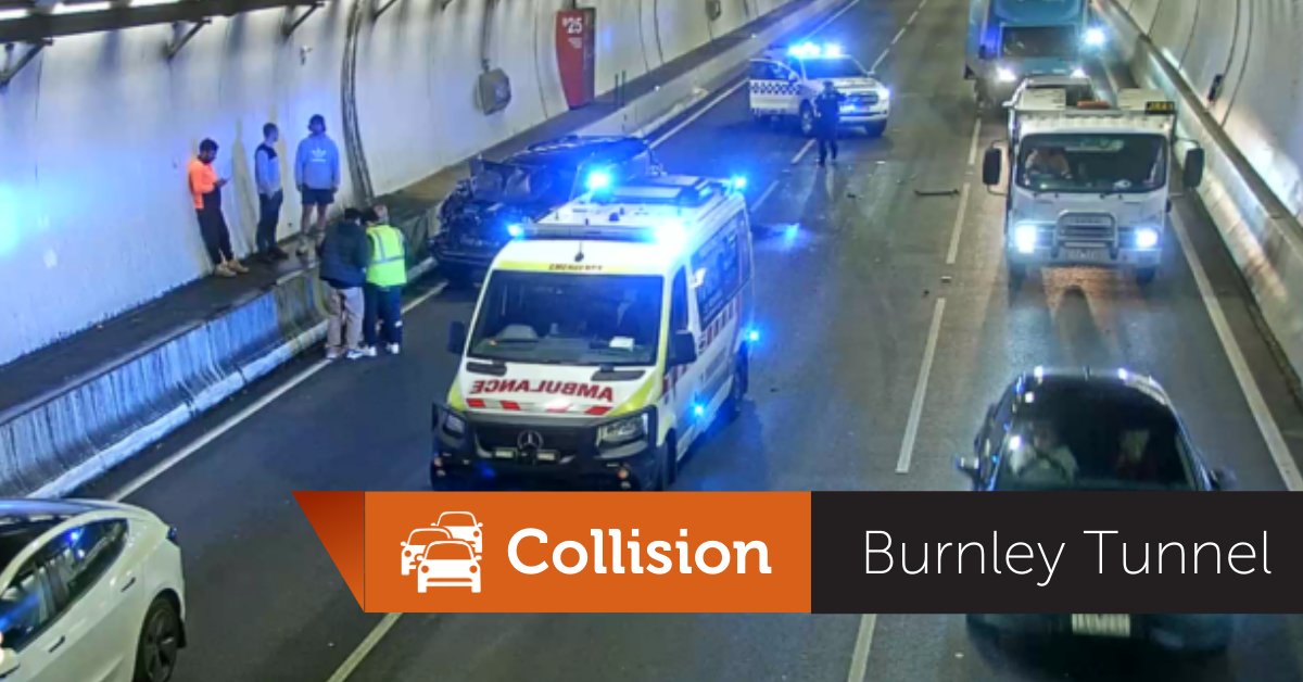 Two lanes are closed in the Burnley Tunnel, due to a collision. Only the left lane remains open, with speed reduced to 40km/h. Please obey overhead signals and merge safely. Heavy delays building onto the city end of the West Gate Freeway. #victraffic