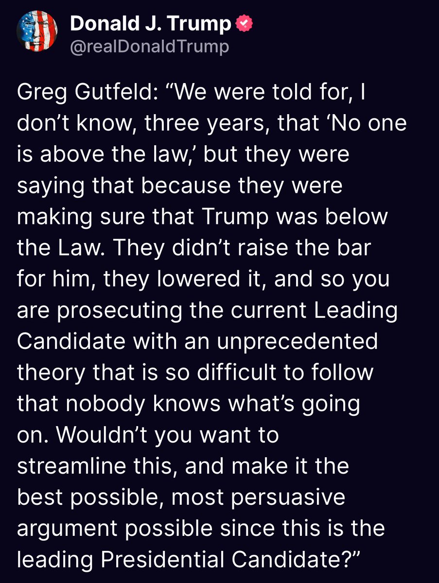 Greg Gutfeld: “We were told for, I don’t know, three years, that ‘No one is above the law,’ but they were saying that because they were making sure that Trump was below the Law. They didn’t raise the bar for him, they lowered it, and so you are prosecuting the current Leading