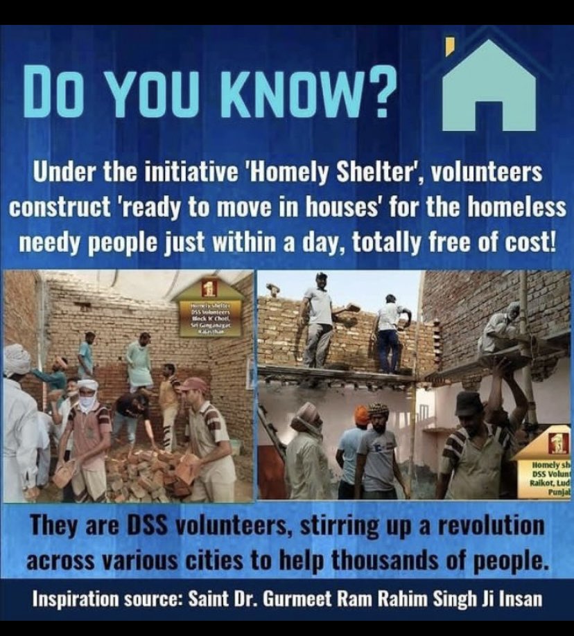 Under #HomelyShelter initiative,Dera Sacha Sauda volunteers are helping physically challenged,widows,senior citizens,financially weaker people who are helpless and have no income source to build their own dream homes.This is all possible with the Inspiration of #GurmeetRamRahim