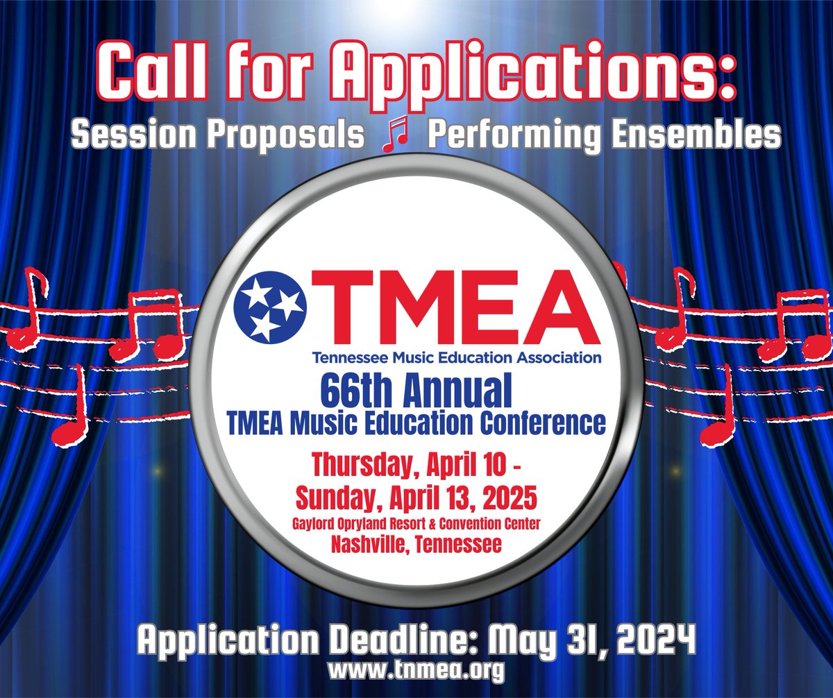 This Friday (5/31/24) is the application deadline for Professional Development Session Proposals and Performing Ensemble applications for the 66th Annual TMEA Music Education Conference (Thursday, April 10 - Sunday, April 13, 2025): x.com/tn_association…