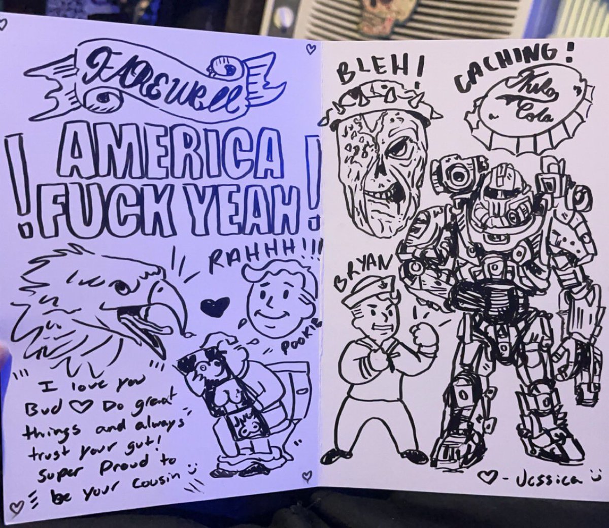 My cousins having a going away party this weekend cuz he’s off to the #navy and he loves #fallout so I made him this card 😭🫡🇺🇸‼️🦅
-
-
#myart #inking #farewell #card #falloutshow #fallout4 #fallout2 #nukacola #artshare #doodle #videogames