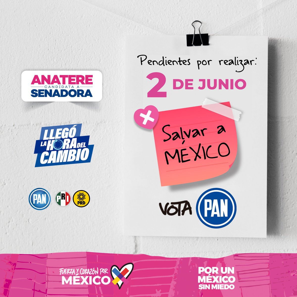 ¡Este 2 de junio, todos tenemos la oportunidad de salvar a nuestro país! No dejes pasar esta ocasión única para hacer valer tu voz y contribuir al futuro que deseamos. Vota por la libertad, la democracia y el cambio que necesitamos. ¡Vota todo PAN! 🔵