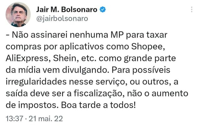 Quando vierem com esse papo de 'Bolsonaro taxou você', esfregue esse tuite na cara deles, e diga pra eles que o projeto para taxação das comprinhas veio do governo Lula. 👍