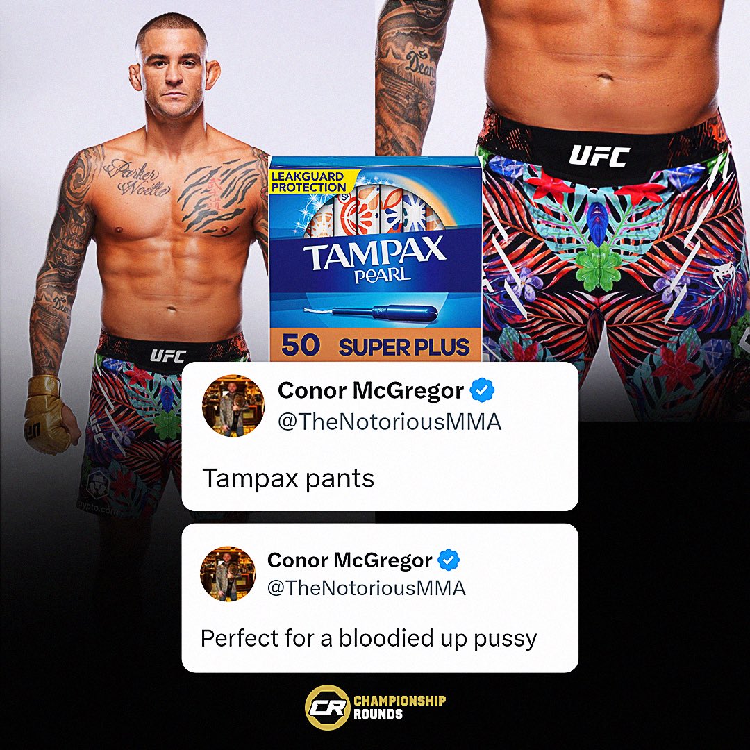ChampRDS's tweet photo. Conor McGregor reacts to Dustin Poirier’s custom floral shorts 😬😭

“Tampax pants”

#UFC302 #UFC #MMA https://t.co/vSn05Bhq48