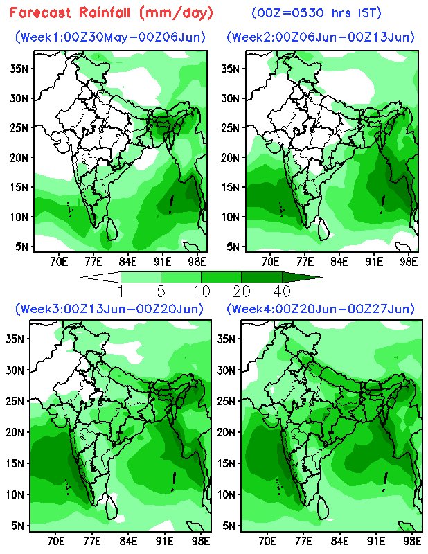 IMD ERF about #KarnatakaRains for next 4 weeks as on 30th May : 

June 1st week - Monsoon onset but below normal rains in coast & ghats , above normal in parts of South Interiors

June 2nd week - Below normal rains in Coast & ghats , above normal in parts of South Interiors

June