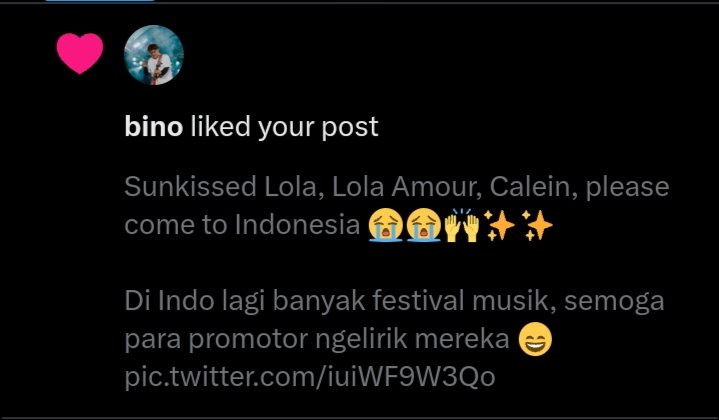 WOIIIIII AAAAA TWEET AKU DILOVE SAMA BINO SUNKISSED LOLA 😭🙏💖💖💖. Thank you Mas Bino xixixixi ('Mas' is a calling from Java, Indonesia for a man and I like to used 'Mas' to man singer from overseas wkwkwkwk. It's cute xixixi) 

 @PestaPestapora @JavaJazzFest dkk, sabi kali ^^