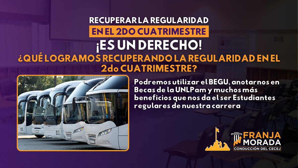 FranjaEcoyJur's tweet photo. La regularidad nos permite: utilizar el BEGU 🚌, inscribirnos a las becas de la UNLPam 🫂 y 
+ beneficios que nos da el ser Estudiat. regulares de nuestra carrera 💪🏻

¡SEGUIMOS GESTIONANDO POR MÁS Y MEJORES DERECHOS ESTUDIANTILES 💪🏻💜!

#DirectivoMorado #FranjaMorada #CECEJMorado https://t.co/la89sjQX55