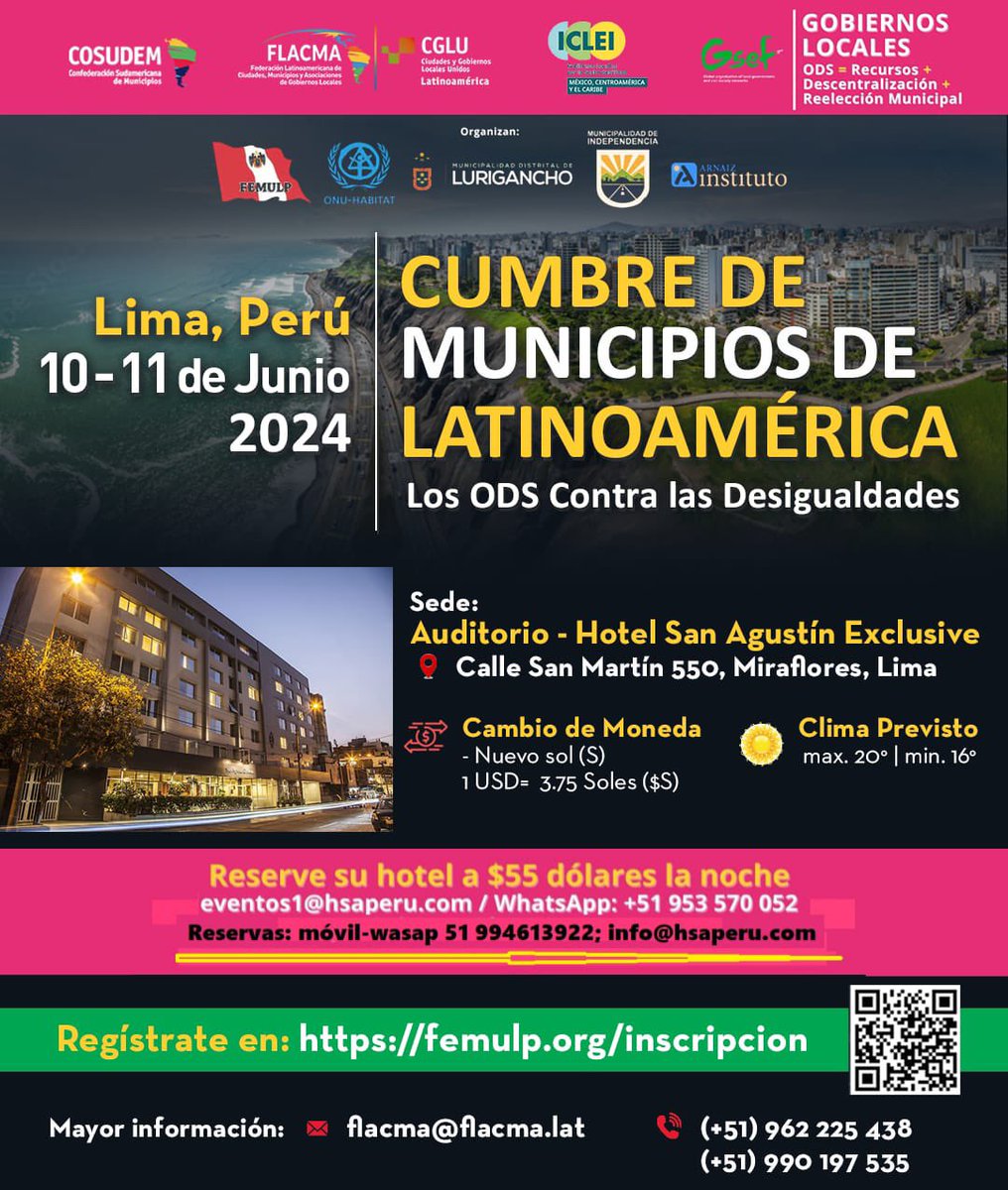 FLACMA_'s tweet photo. Conoce el Programa de nuestra <Cumbre de Municipios de Latinoamérica; ODS contra la Desigualdad>

Encuentro del municipalismo latinoamericano que debatirá sobre los desafíos en la localización de los #ODS

🗓️  10 - 11 Junio

📍 Lima 🇵🇪

🖌️  Registro: https://t.co/1bswW1bHiv https://t.co/a6bH0hBhAp
