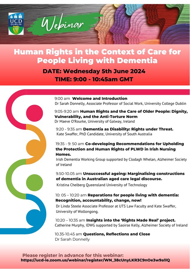 🇮🇪📣WEBINAR hosted by School of Social Policy, Social Work & Social Justice @ucddublin next WED JUNE 5th 6pmAEST
NB. link in image is incorrect >> correct registration via ucd-ie.zoom.us/webinar/regist… #DementiaCare #humanrights
@DrLindaSteele @KateSwaffer @sarahmdonnelly1 @k_chelberg