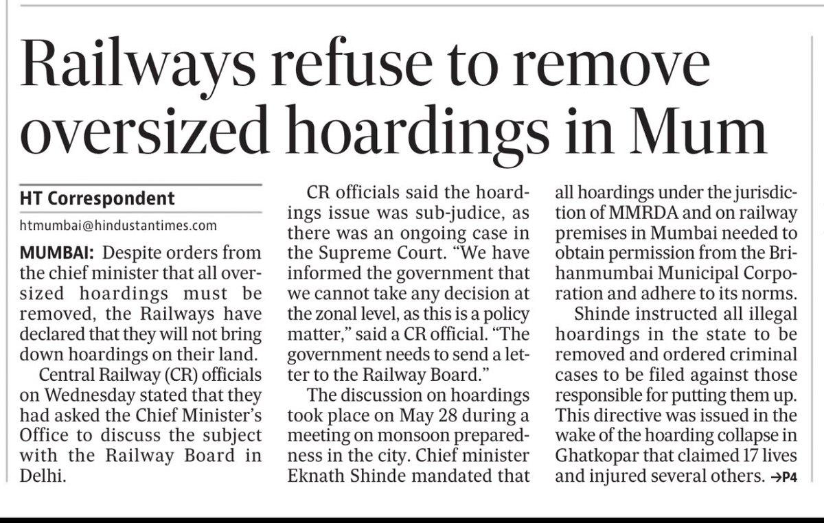 This shameful stance of the Railways to not take down over sized hoarding on their land and causing deliberate risk to the lives and livelihoods of residents in Mumbai should be condemned. What a weak (illegal) CM has been forced at the helm whose orders are being blatantly