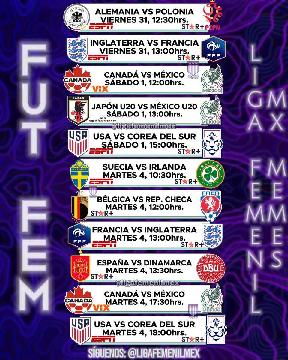 Les compartimos el calendario con los partidos que tendrán transmisión en estos días, compártanlo con todos sus amigos 🤩🤩🤩
#FútbolFemenino #FutFem #MiSelecciónFem #TuCanchaLaEligesTú #WEURO2025
