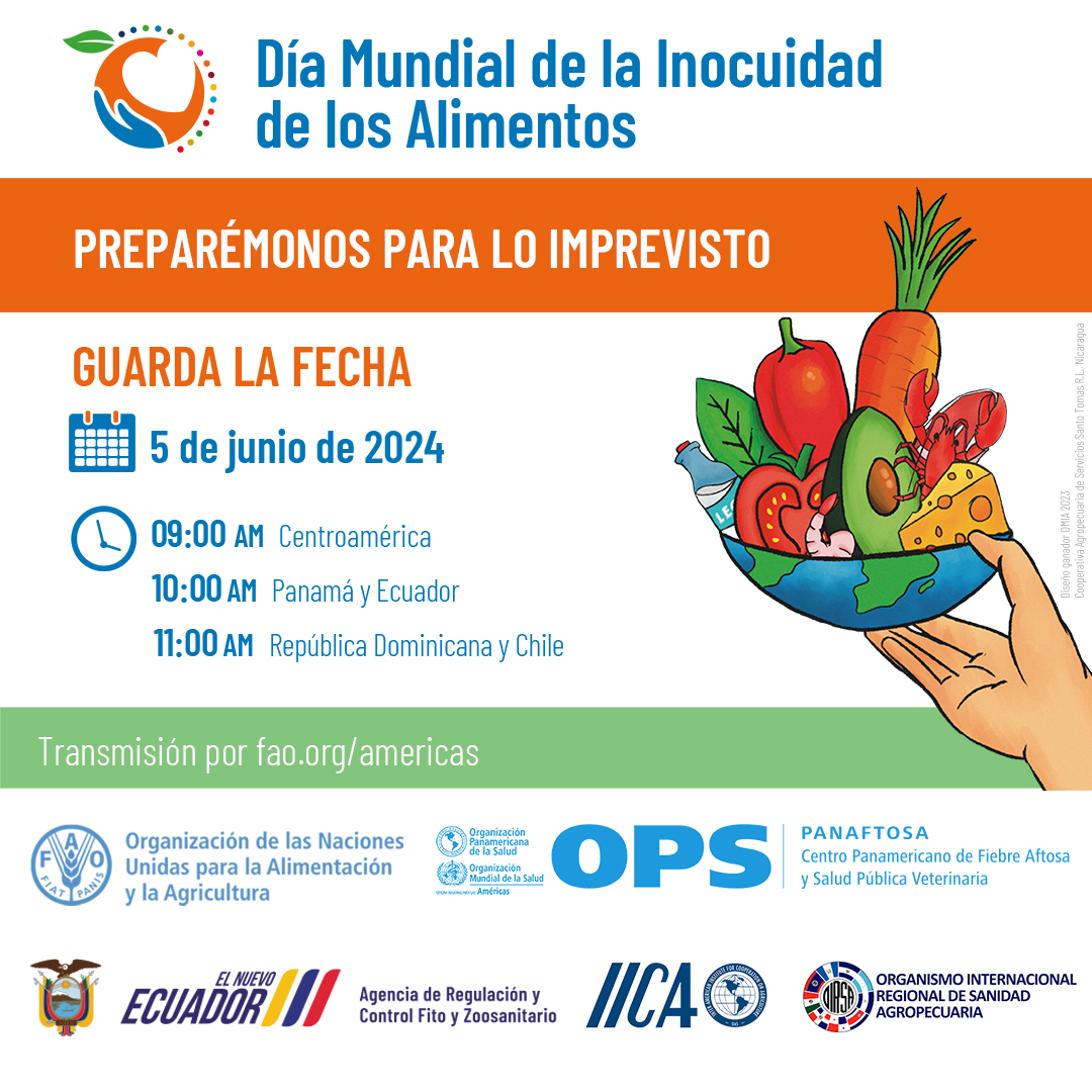 ¿Sabías que 1 de cada 10 personas en el mundo se enferma por consumir alimentos contaminados? ⚠️ Descubre cómo prevenir enfermedades a través de la #InocuidadAlimentaria en nuestro seminario virtual. 📅 5 de junio ⏰11 AM hora Chile ➡️ fao.org/americas/event… #MejorNutrición