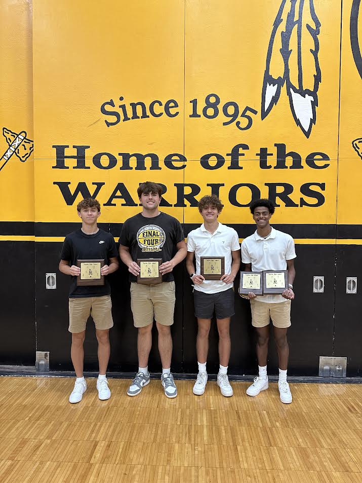 Boys Track &amp; Field award winners. Kam Sweetnam and Sawyer Woodard: Co-Outstanding Field, Jackson Barrett: Warrior Spirit, Josiah Hortin: MVP &amp; Outstanding Track. Congrats fellas!